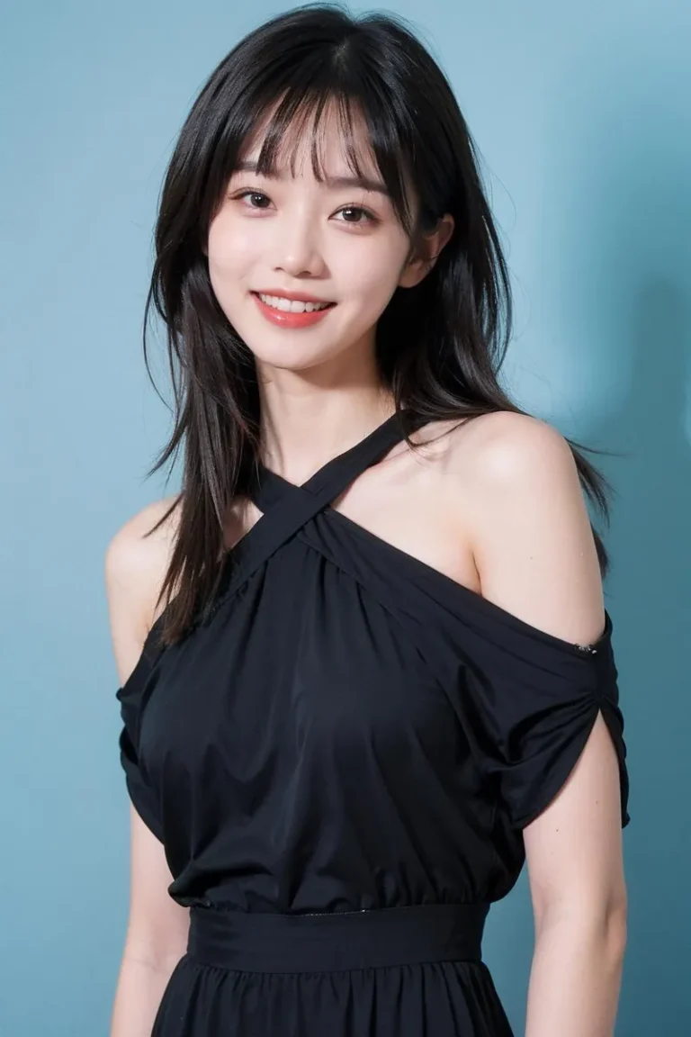 Elegant woman with straight black hair wearing a black off-shoulder dress with cross-strap neck design, posing against a light blue background. This is an AI generated image using stable diffusion.