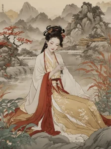 An AI generated image using Stable Diffusion depicting an elegant woman in traditional Chinese attire sitting by a serene mountain landscape.