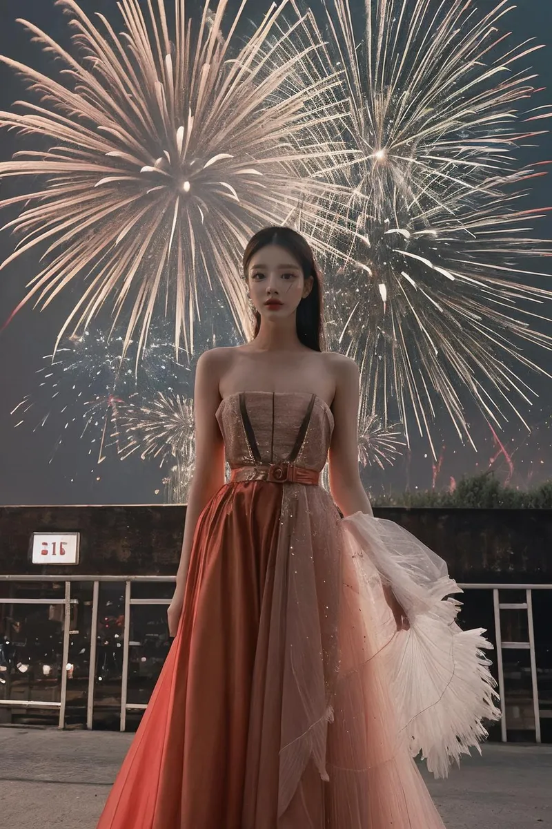 Elegant woman in a stunning evening gown standing outdoors with a backdrop of spectacular fireworks, created using Stable Diffusion AI.