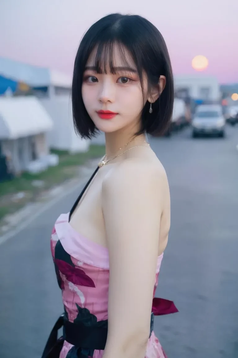 An AI generated image using Stable Diffusion showing an elegant woman with short black hair, red lips, and dark eyes, wearing a floral strapless dress. She is standing on the street at sunset with blurry cars and buildings in the background.