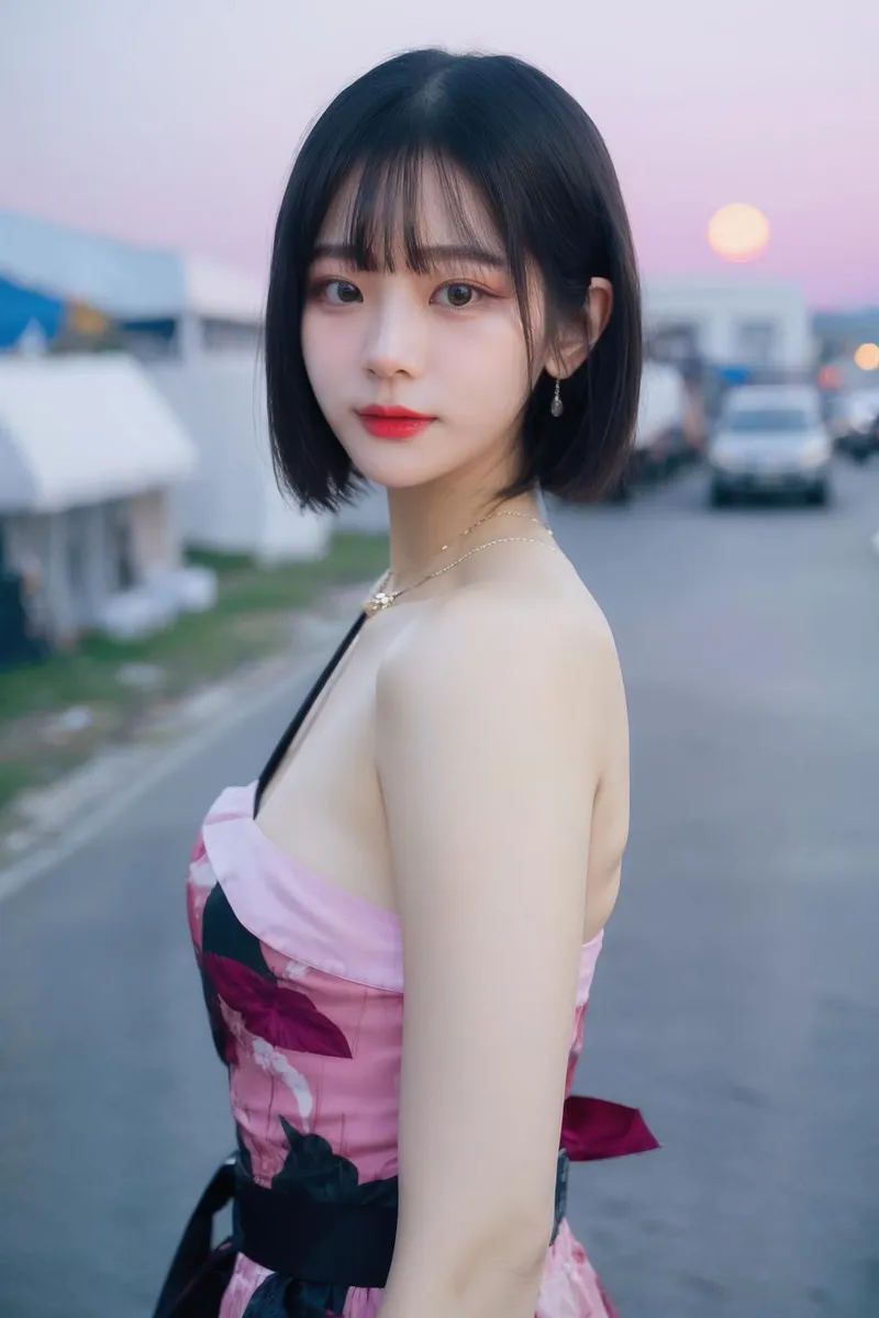 An AI generated image using Stable Diffusion showing an elegant woman with short black hair, red lips, and dark eyes, wearing a floral strapless dress. She is standing on the street at sunset with blurry cars and buildings in the background.