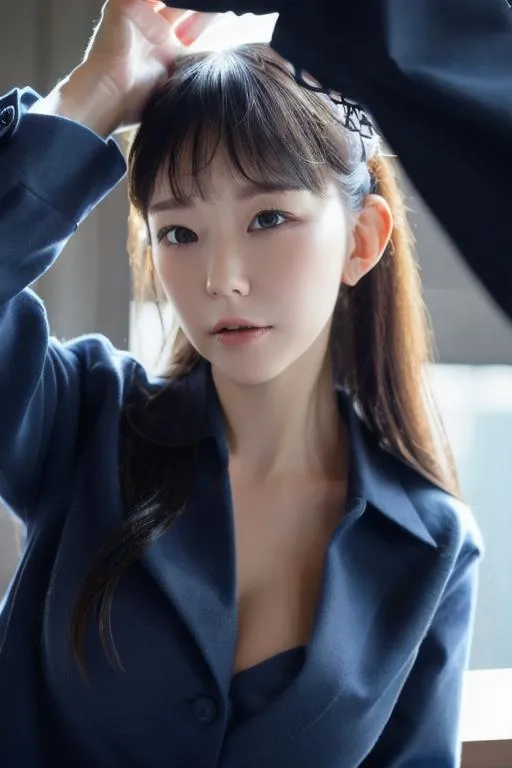An AI generated image using stable diffusion depicting a young woman with long brown hair and bangs, dressed in a blue jacket, gazing softly into the camera with her hand raised.