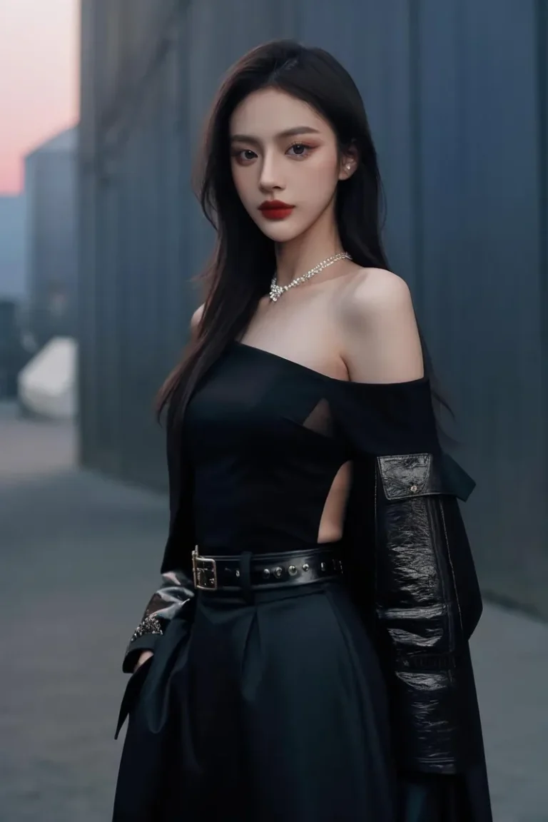 An elegant woman dressed in a stylish black outfit, accessorized with a necklace, created using AI such as stable diffusion.