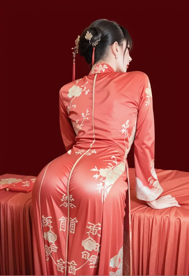 Elegant traditional Chinese dress, cheongsam. AI generated image using stable diffusion.