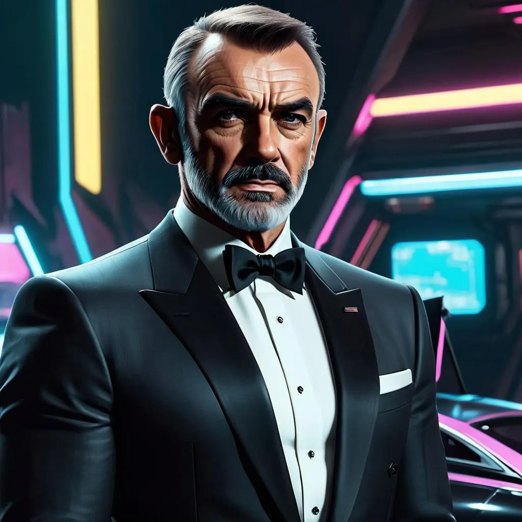 Elegant gentleman with gray hair and beard, wearing a tuxedo, standing in front of neon lights. This is an AI generated image using stable diffusion.