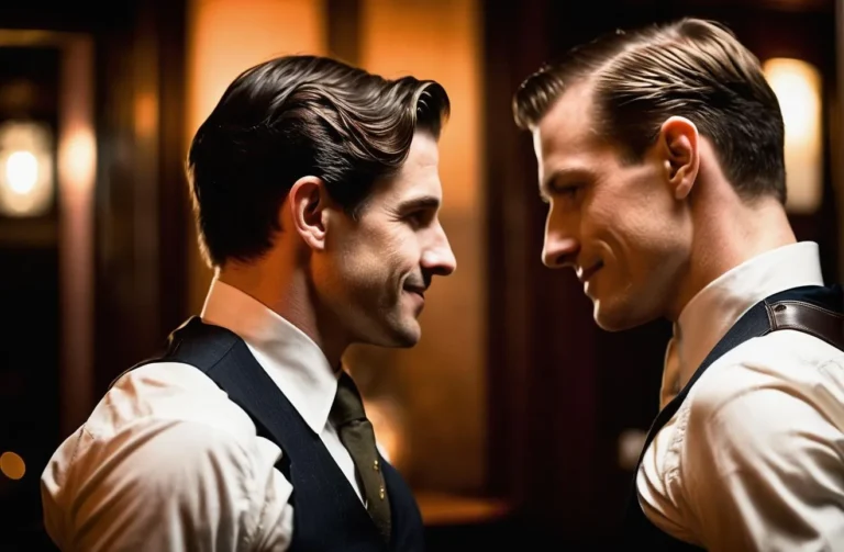 Two elegantly dressed gentlemen in vintage style attire smiling at each other, a sophisticated and classy scene. AI generated image using Stable Diffusion.