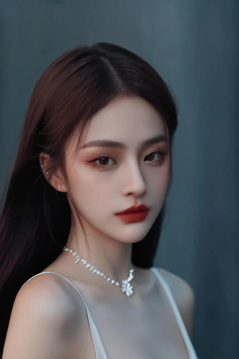 Elegant portrait of a beautiful woman with long dark hair, and red lips, wearing a delicate necklace. AI generated image using Stable Diffusion.