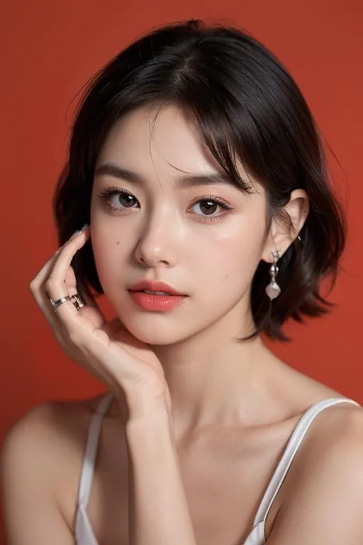 Elegant portrait of an Asian woman with short black hair, wearing a white top and earrings, generated using stable diffusion.