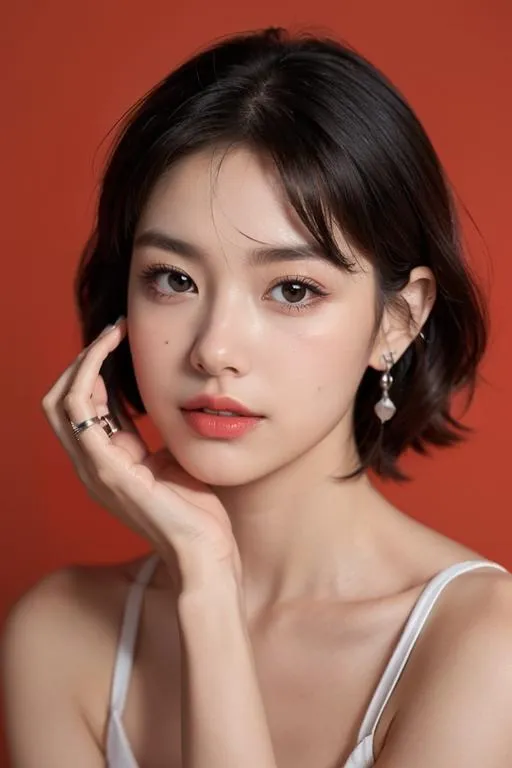 Elegant portrait of an asian woman with short black hair, wearing a white top and earrings, generated using stable diffusion.