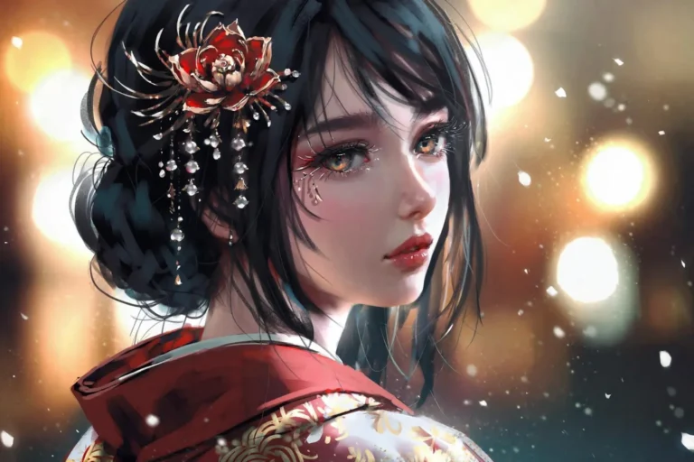 Elegant digital art portrait of an Asian woman with dark hair adorned with a red floral hairpiece. The woman is dressed in traditional clothing with intricate patterns. The background is blurred with bokeh lights.