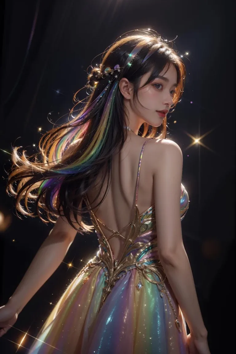 An AI generated image using Stable Diffusion of an elegant woman with long hair in a rainbow-colored dress with magical glow.