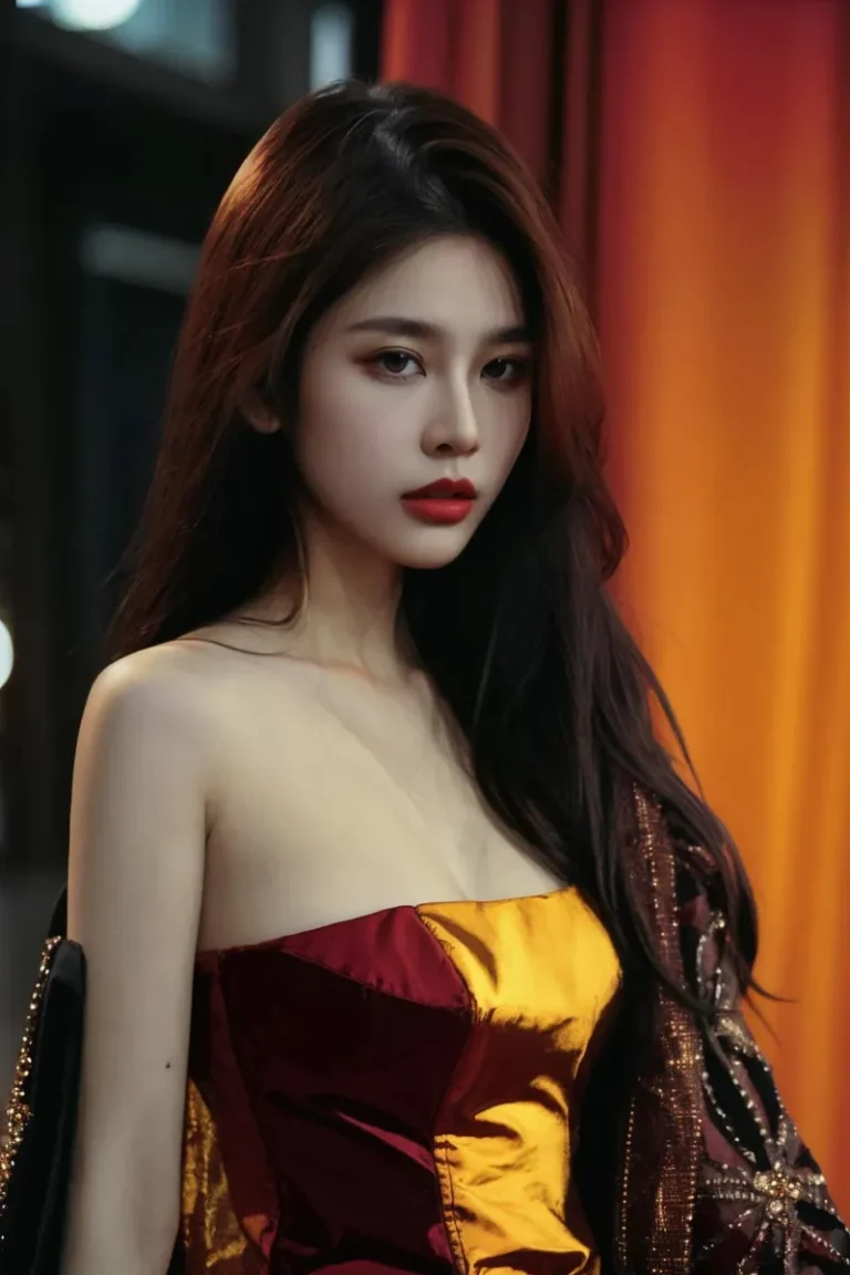 A stunning AI-generated portrait of an elegant woman with long dark hair, wearing a strapless red and gold dress, created using Stable Diffusion.