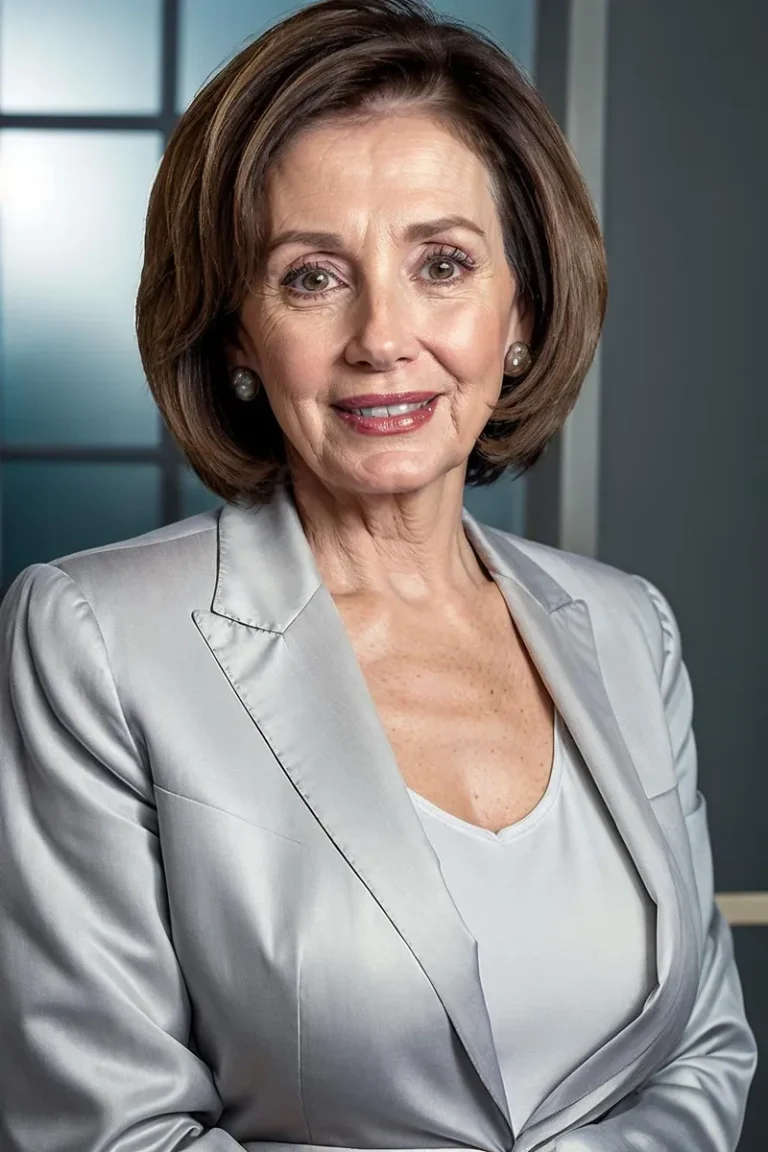 Professional portrait of an elegant woman with short brown hair, wearing a silver blazer and a white blouse, AI generated using stable diffusion.