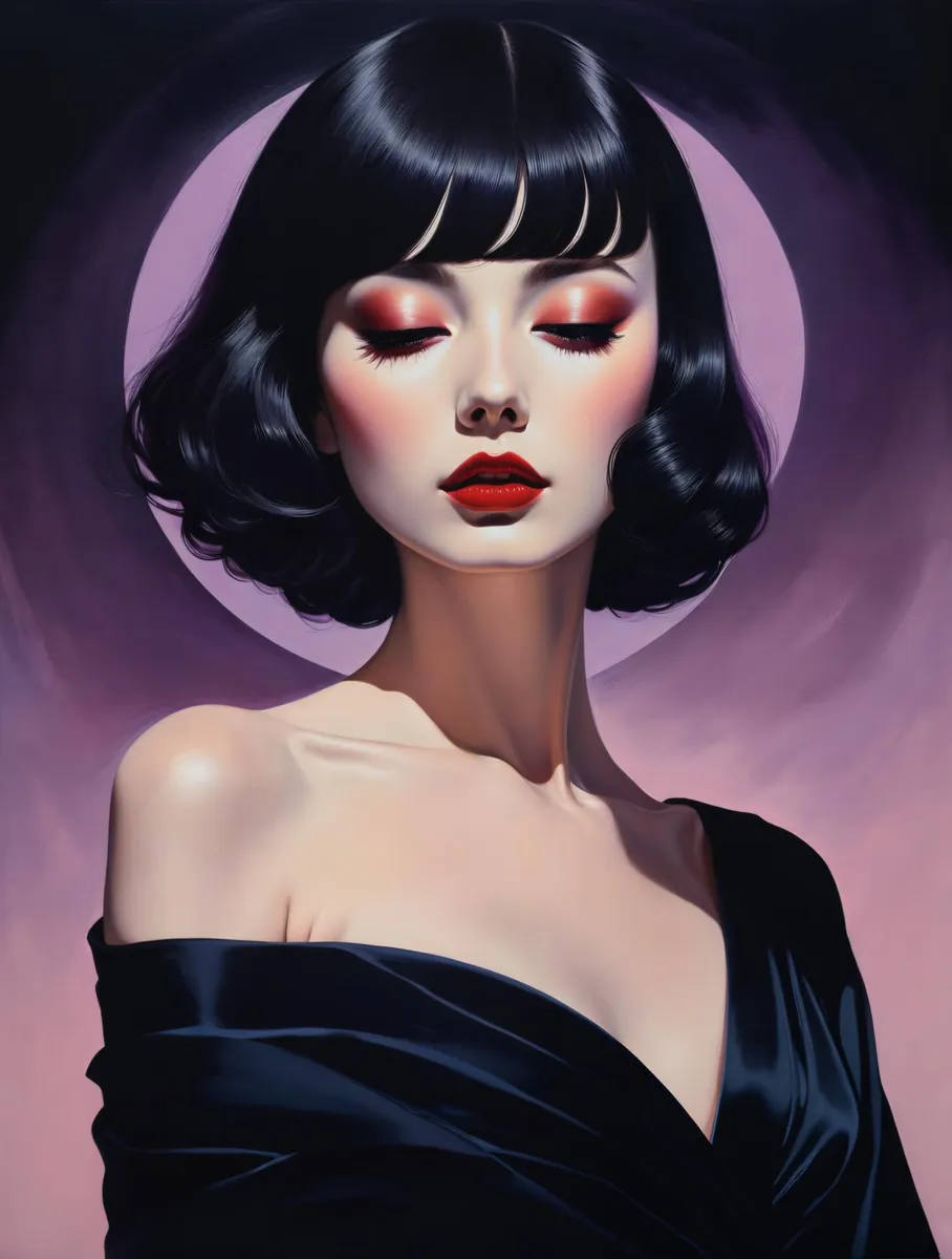 AI generated image using stable diffusion of an elegant woman with delicate features, retro makeup, red lips, and closed eyes, wearing off-shoulder black gown.