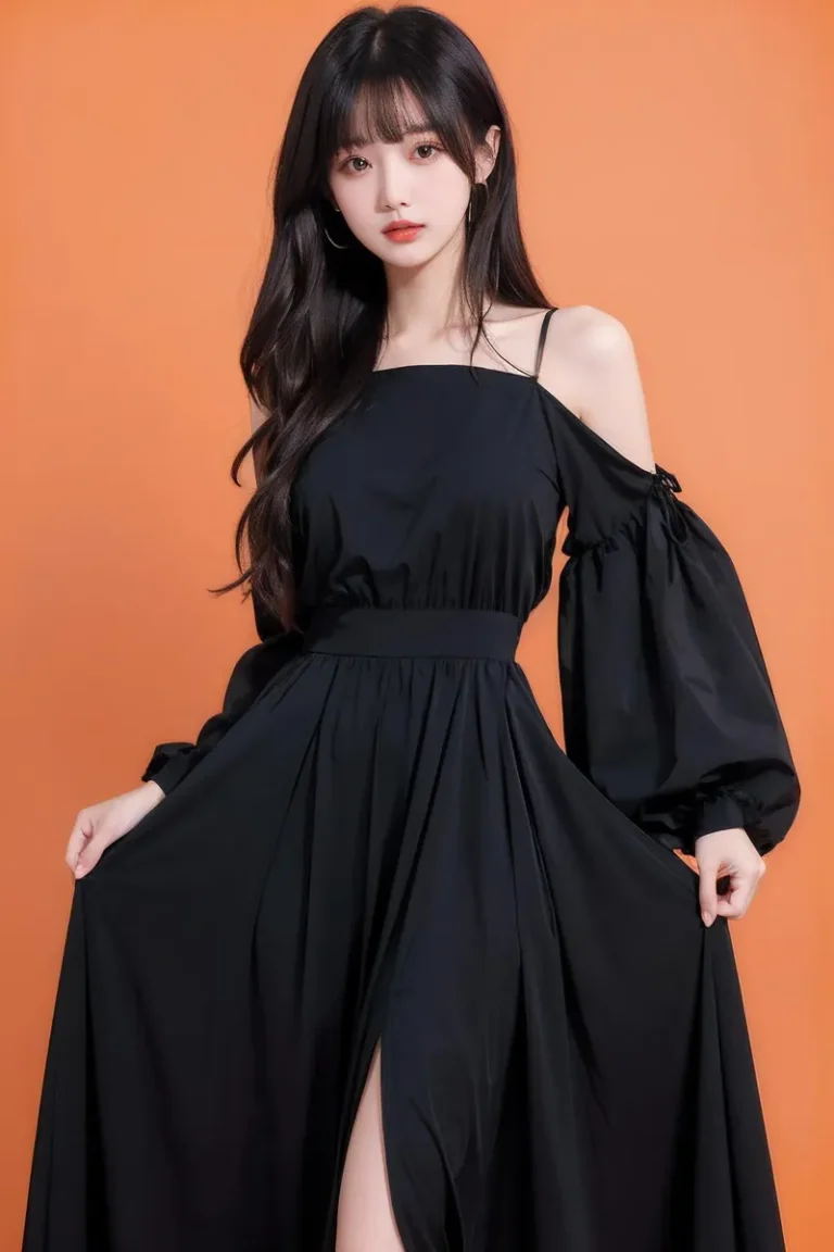 An elegant woman in a black off-shoulder dress standing against an orange background. AI generated image using stable diffusion