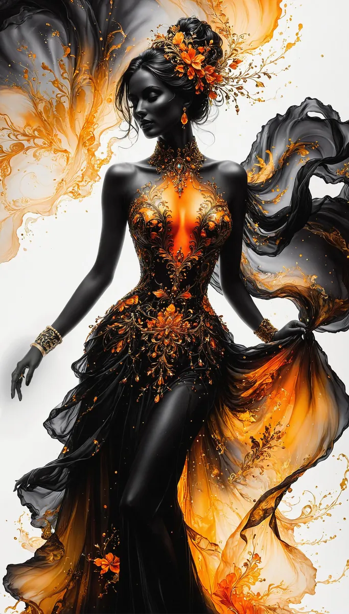 A digital art piece of an elegant woman in a black and orange dress with floral elements, AI generated using Stable Diffusion.