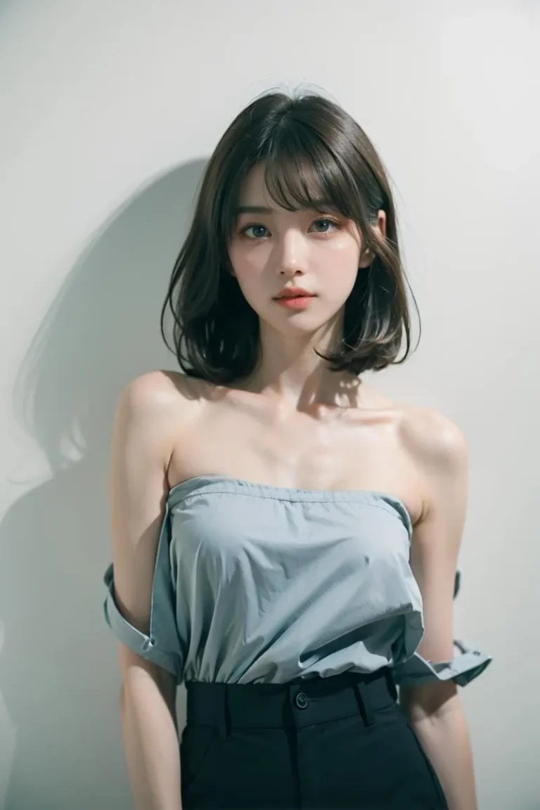 An AI generated image using stable diffusion of an elegant woman with medium-length hair wearing a blue blouse and black pants, standing against a plain background.