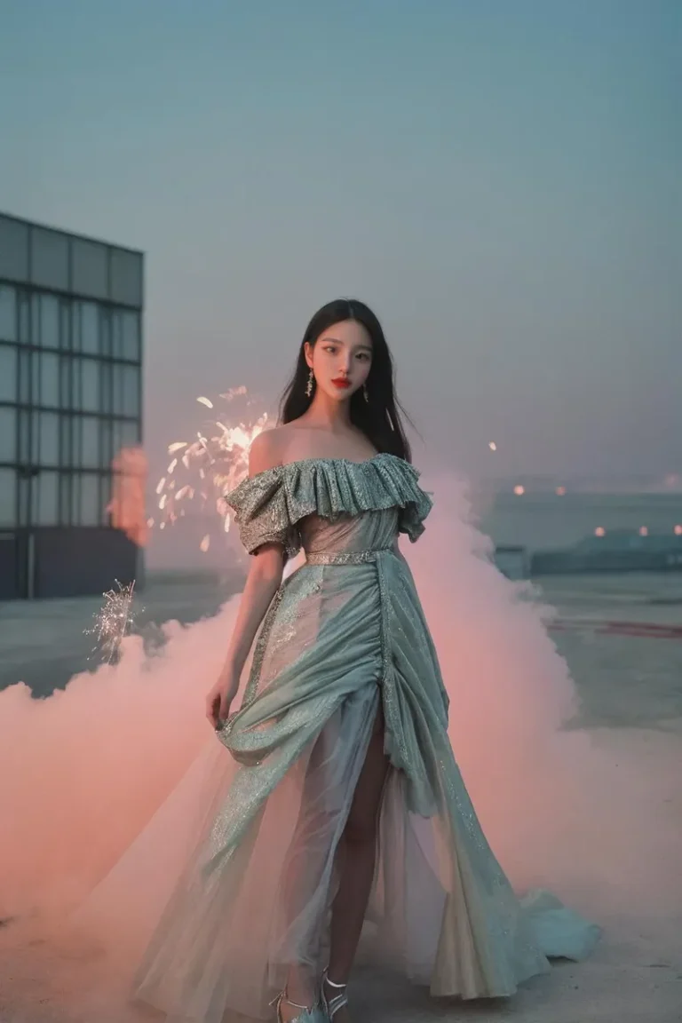 An elegant woman in a shimmering off-shoulder evening gown with a dramatic slit, standing amid fireworks and smoke, AI generated using Stable Diffusion.