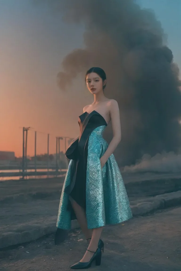An AI generated image using stable diffusion, depicting an elegant woman wearing a shimmering evening gown, standing in an area of urban decay with smoke rising in the background.