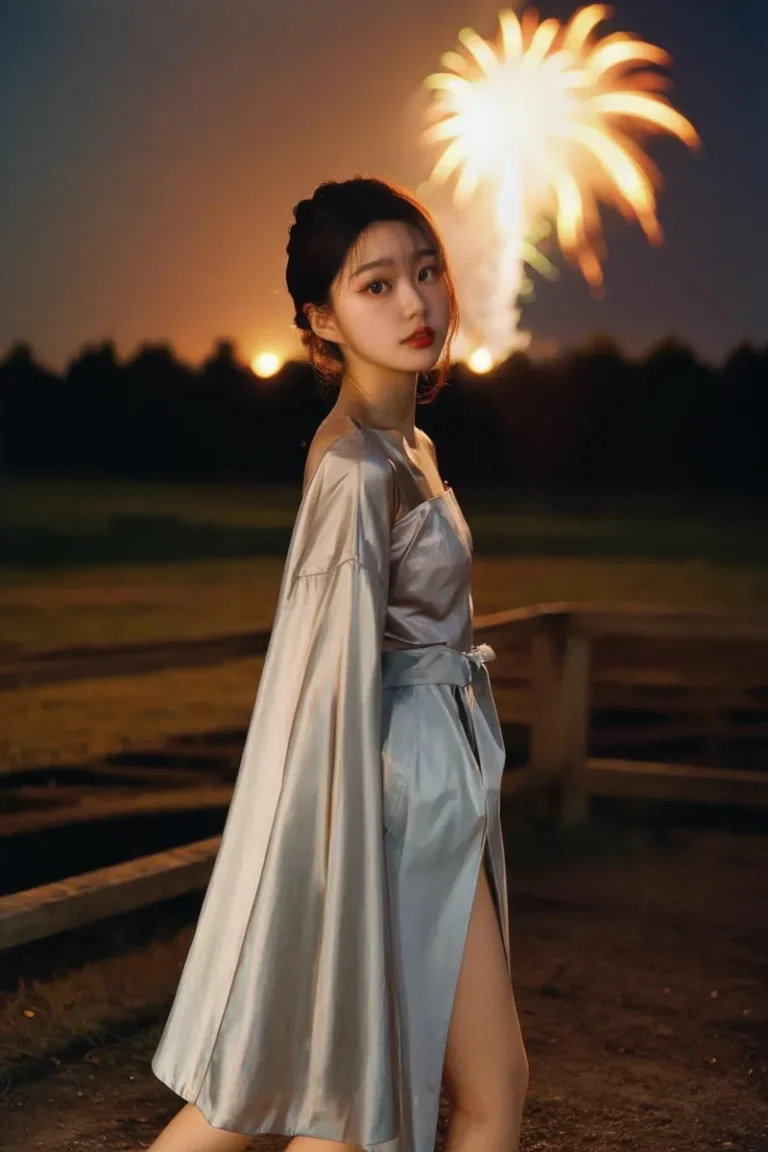 Elegant woman with black hair in a shiny silver dress poses at night with bright fireworks illuminating the sky in the background. AI generated image using stable diffusion.