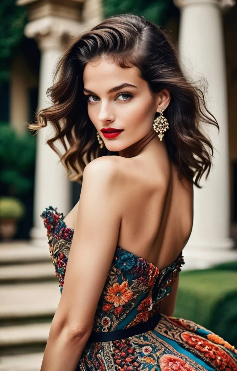 An AI generated image using stable diffusion of an elegant woman with wavy brown hair, wearing an intricately patterned floral dress and gold earrings, looking over her shoulder with a confident and captivating expression.