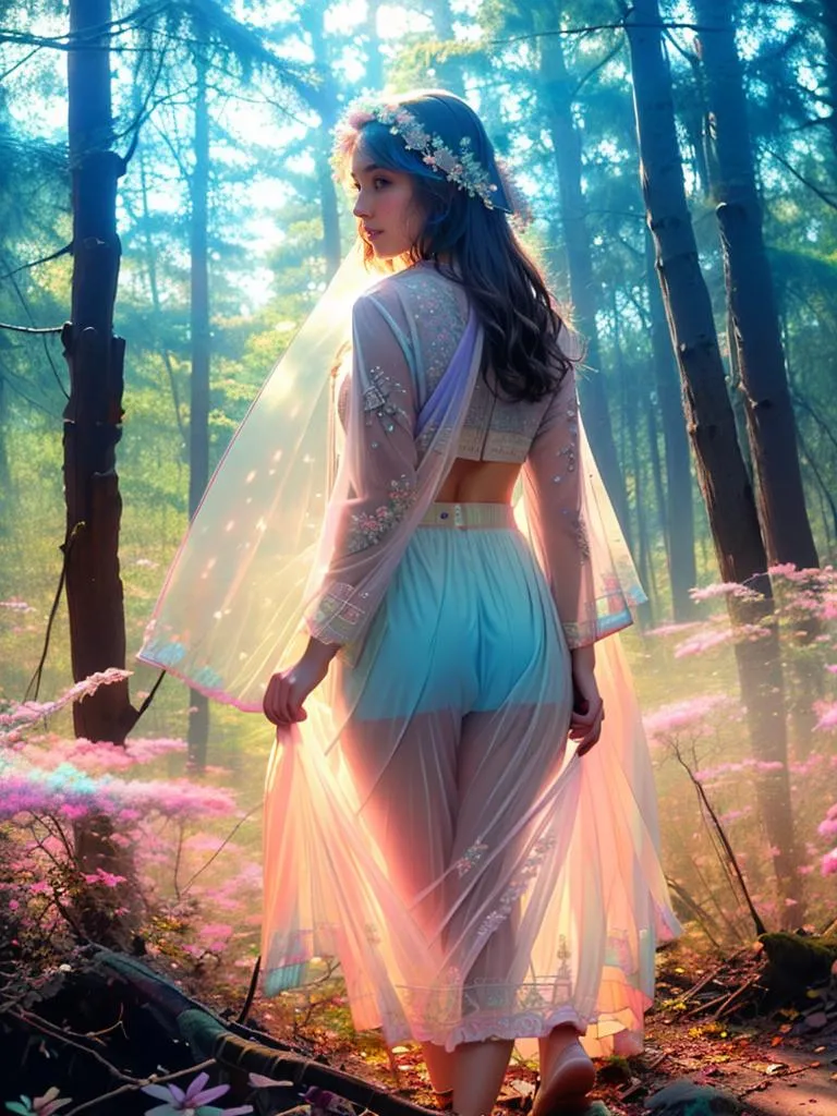 AI generated image of an elegant woman in a delicate, translucent dress walking through a forest with ethereal lighting. Created using Stable Diffusion.