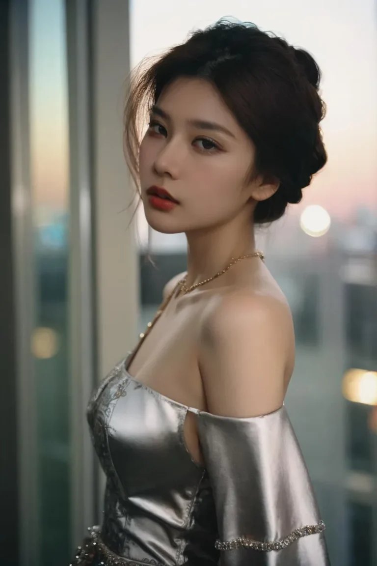 Elegant woman dressed in a satin evening gown, created using Stable Diffusion AI technology.
