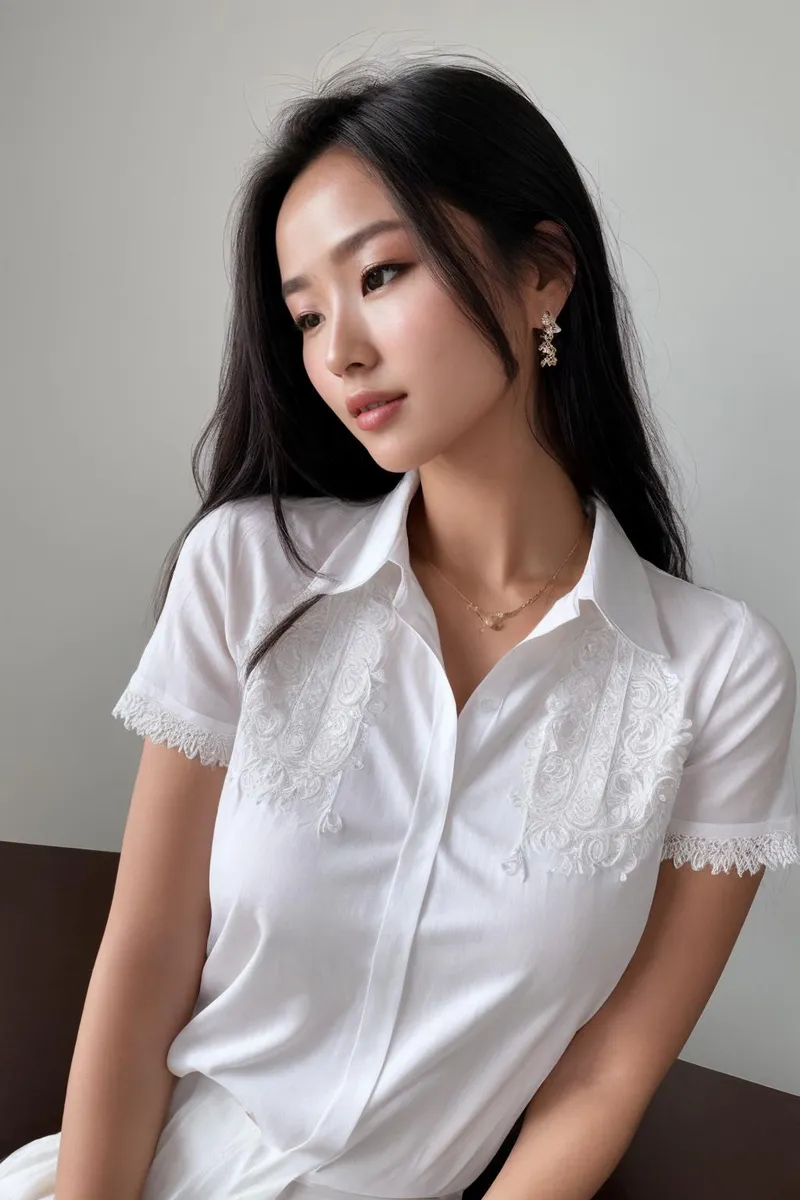 A young woman with long dark hair wearing a white lace blouse, captured in an aesthetic pose. This image is an AI generated image using Stable Diffusion.