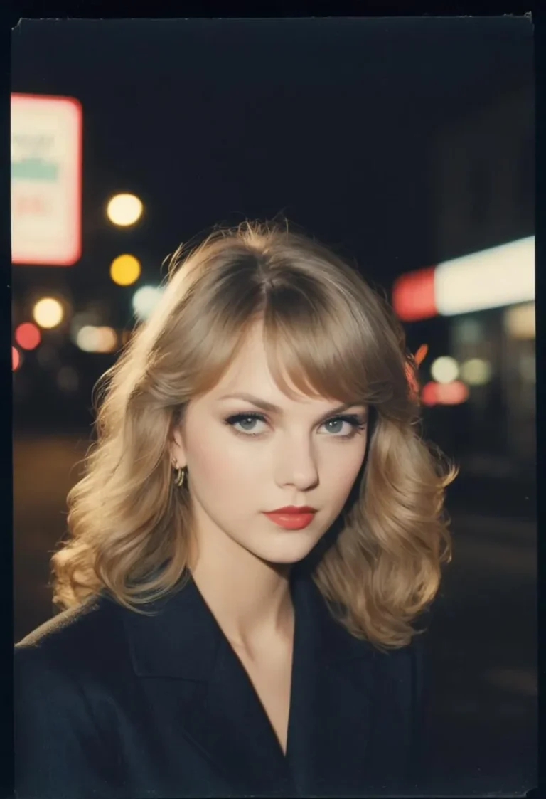 An AI generated image using Stable Diffusion showing an elegant woman with blonde hair, wearing a dark jacket, in a nighttime city setting with blurred lights in the background.