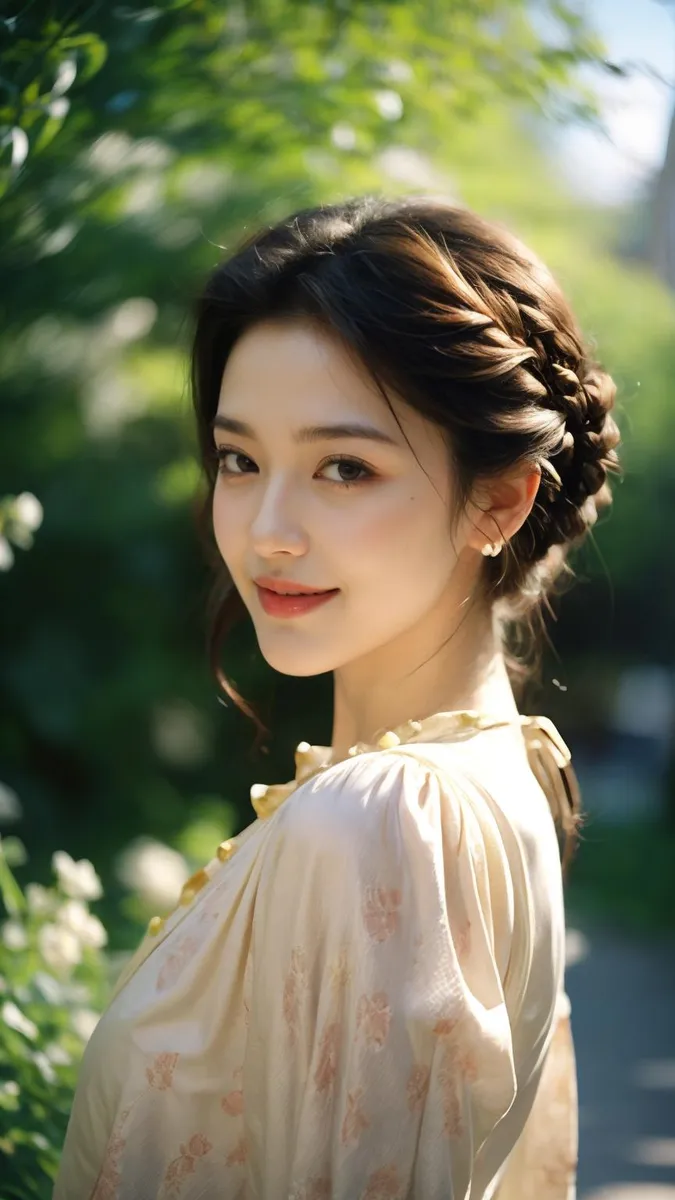 Elegant woman with a braided hairstyle wearing a light floral dress, standing amidst green foliage in warm sunlight. AI generated image using stable diffusion.