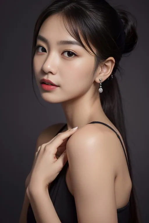 A studio photograph of an elegant woman with long hair styled in an updo, wearing a black dress and subtle makeup. Created with stable diffusion AI technology.
