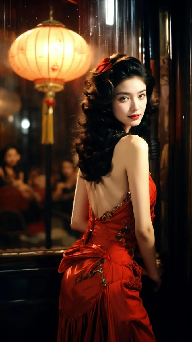 An elegant woman wearing a detailed red dress, with vintage waves in her hair, standing in a dimly lit setting with a traditional lantern in the background. AI generated image using Stable Diffusion.