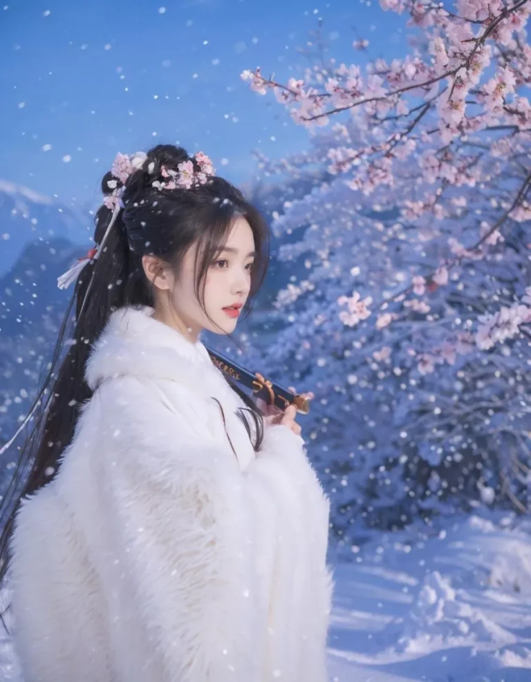 An elegant woman in traditional Asian clothing standing in a snowy landscape with cherry blossoms, created using Stable Diffusion AI.