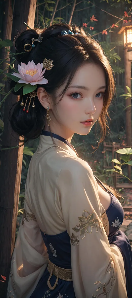 AI generated image using stable diffusion of an elegant woman in a traditional oriental dress with intricate floral patterns, adorned with hair ornaments, and standing in an outdoor garden.