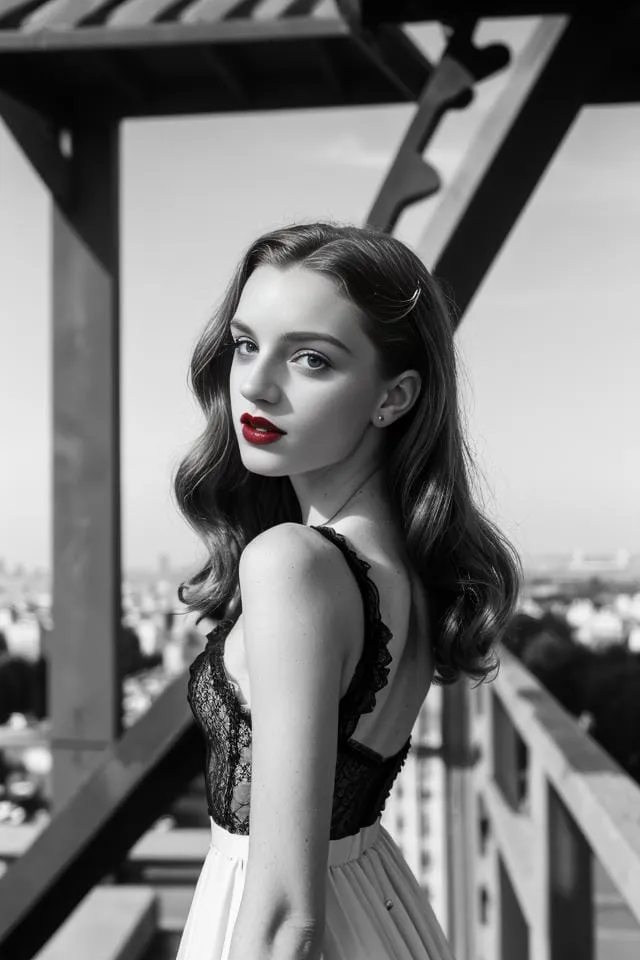 A vintage-style portrait of an elegant woman with red lipstick, wearing a black lace top, standing on a balcony. AI generated image using Stable Diffusion.