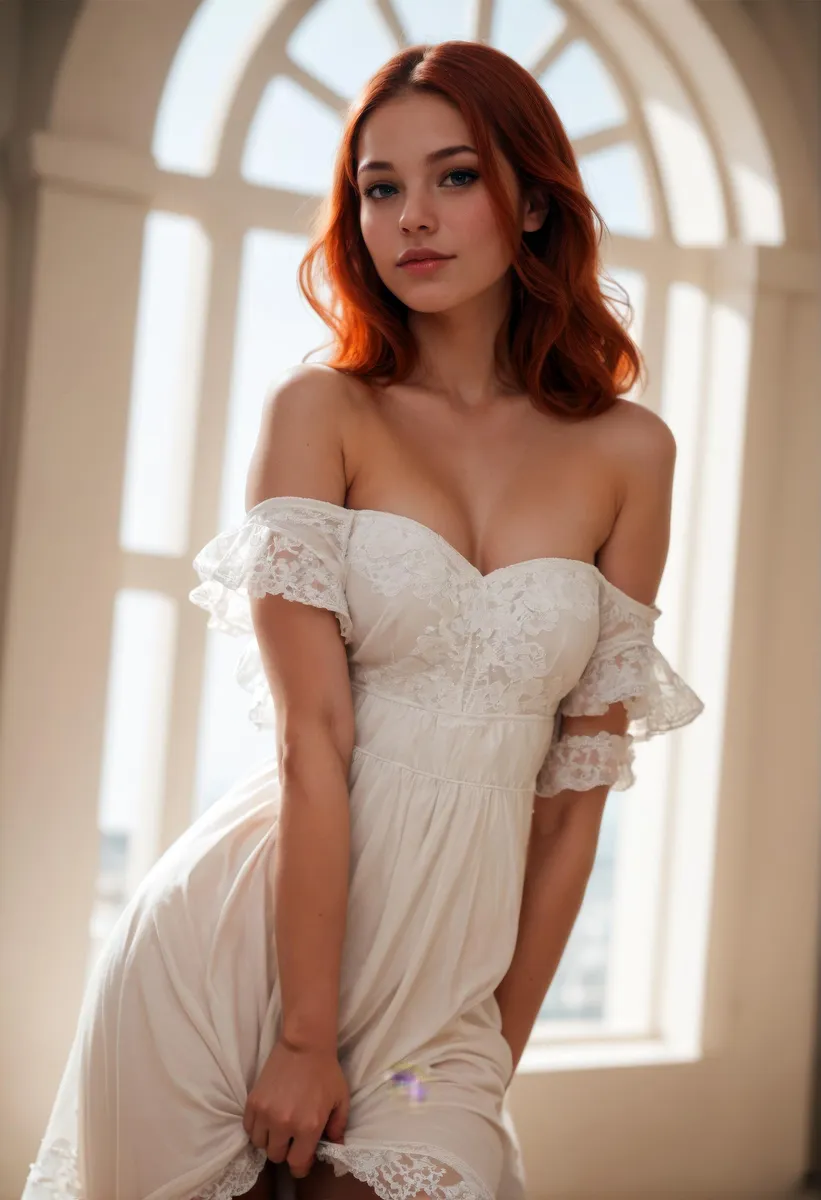 An elegant woman with red hair wearing an off-shoulder white lace dress, standing gracefully in natural light in front of a large arched window. This is an AI generated image using stable diffusion.