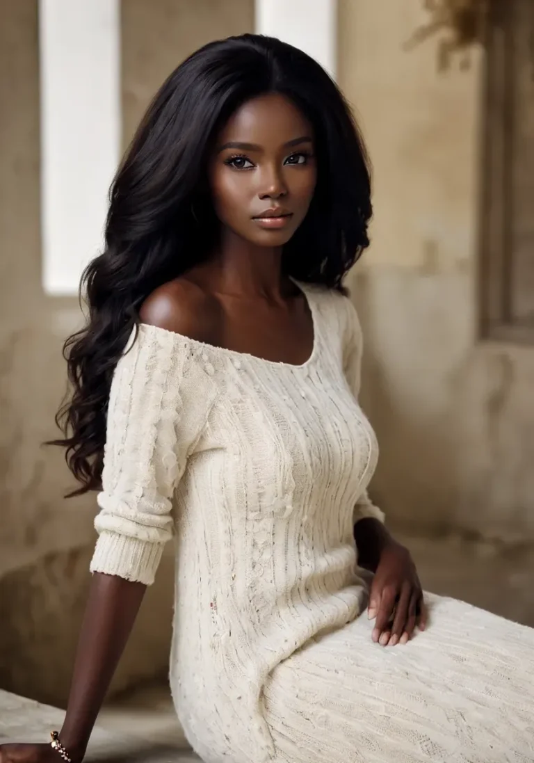 A graceful woman with long black hair wearing an off-shoulder white knit dress, AI generated image using Stable Diffusion.