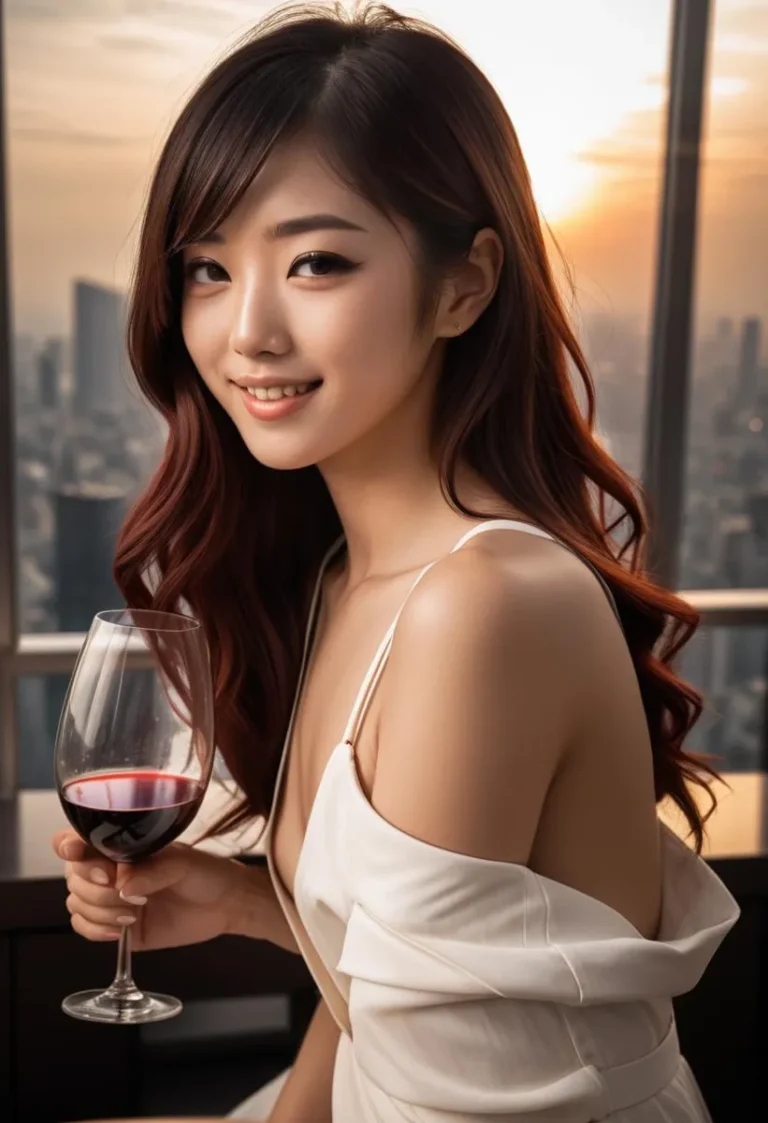 An elegant woman with long dark hair holding a wine glass, with a sunset cityscape in the background. AI generated image using Stable Diffusion.