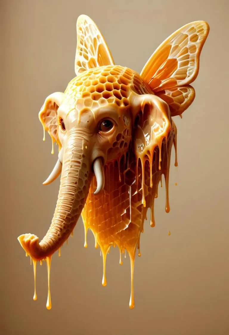 A surreal AI-generated image of an elephant head made out of honeycomb structure with butterfly wings using Stable Diffusion.