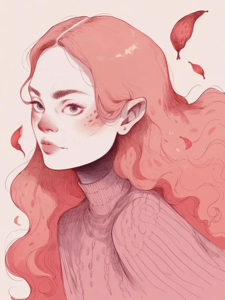 Illustration of a red-haired elf girl with delicate features and flowing hair, created using AI and Stable Diffusion.