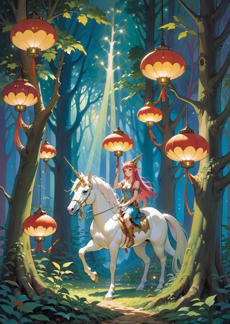 Fantasy scene of an elf with pink hair riding a unicorn in a forest adorned with glowing red lanterns. The sunlight penetrates through the dense canopy, creating a magical ambiance. This is an AI generated image using stable diffusion.