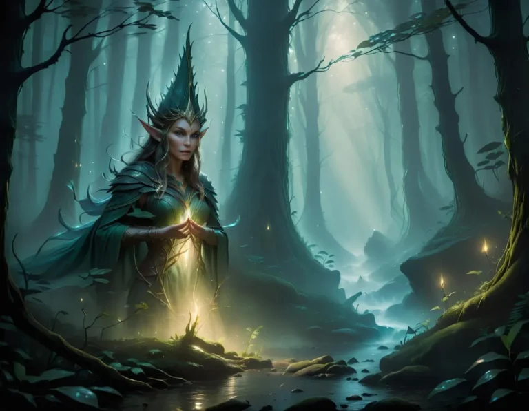 An AI generated image using Stable Diffusion showing an elven queen dressed in green armor and a tall leaf-shaped crown, holding a glowing light in an enchanted forest.