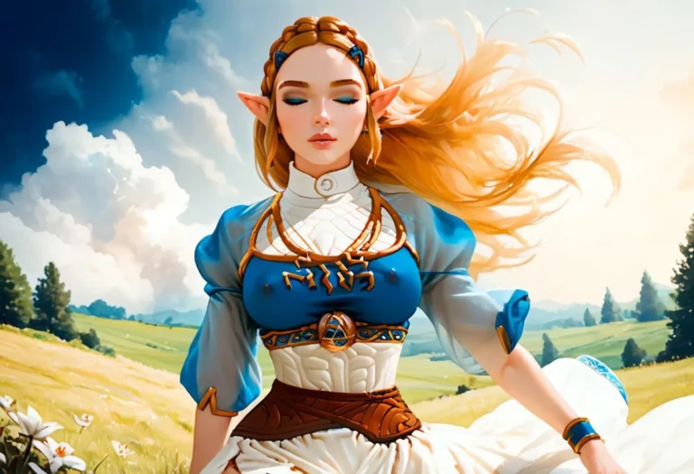 AI generated image of an elven princess with long flowing hair in a detailed fantasy landscape. Created using Stable Diffusion.