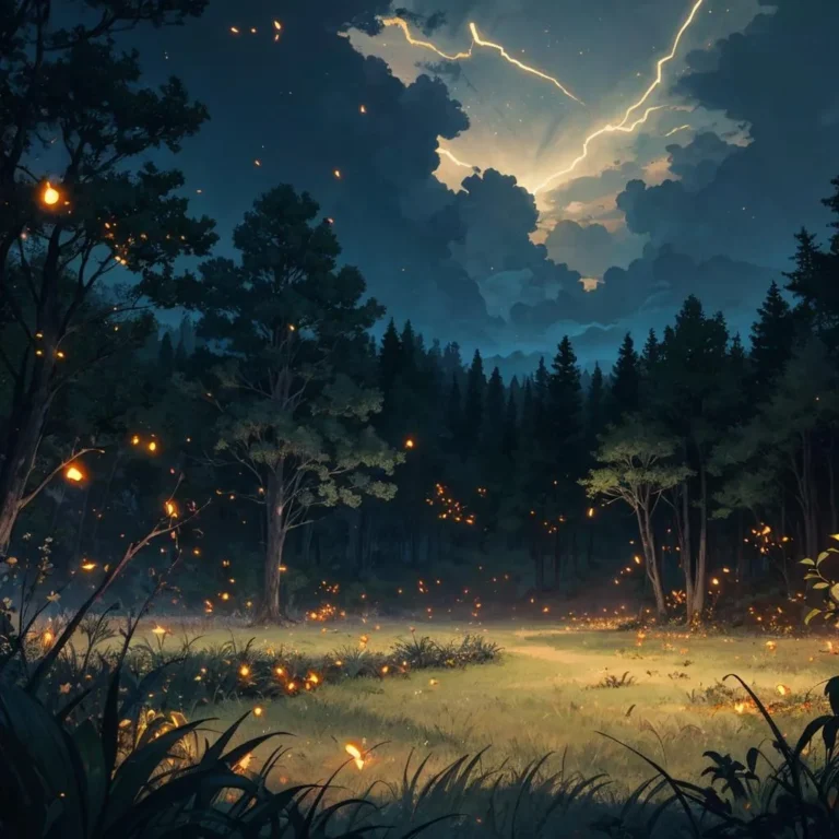 An AI generated image using stable diffusion depicting an enchanted forest during a lightning storm with fireflies illuminating the scene.