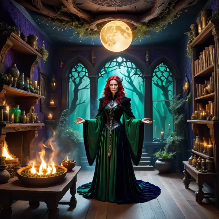 A witch with red hair and a green and black gown stands in an enchanted room under moonlight. AI generated image using Stable Diffusion.