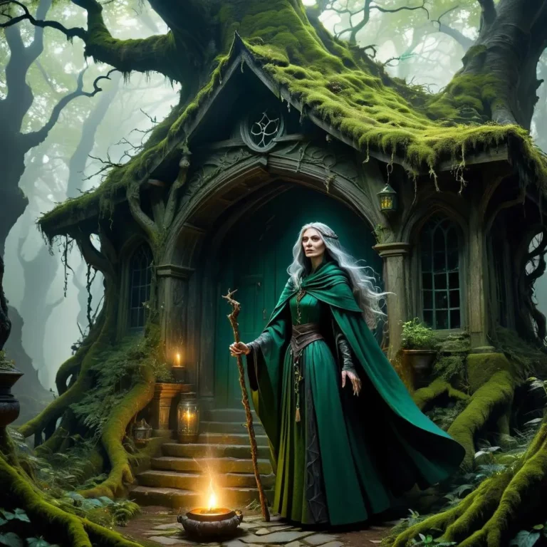 A mystical scene of an enchantress with silver hair wearing a flowing green cloak standing in front of an ancient, moss-covered cottage in a dense, foggy forest. AI generated image using Stable Diffusion.