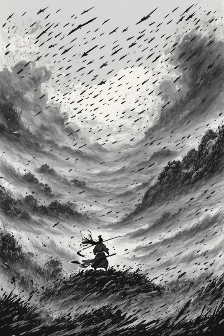 A warrior with a flowing cape and spear stands on a hill amidst a dramatic stormy sky with countless dark, arrow-like shapes raining down, created using stable diffusion.
