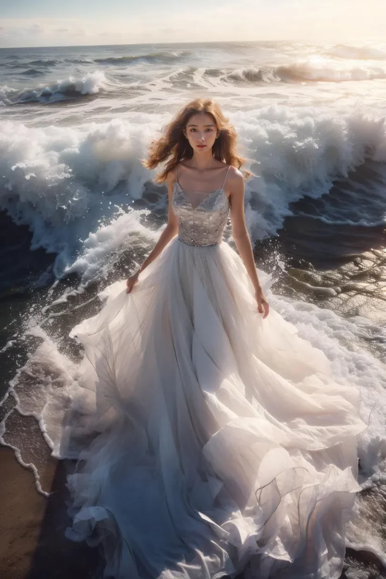 Ethereal bride in a flowing gown standing on a beach with waves crashing behind her, AI generated image using Stable Diffusion.