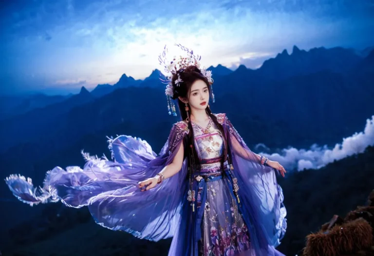 A beautifully ethereal woman in traditional Chinese dress set against a breathtaking mountain landscape - AI generated image using Stable Diffusion.