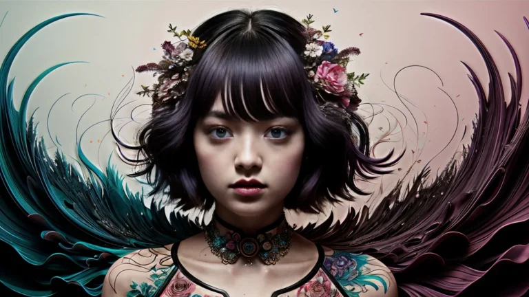 Ethereal portrait of a young woman with dark hair, adorned with a flower crown, and surreal decorative elements surrounding her, created using Stable Diffusion.